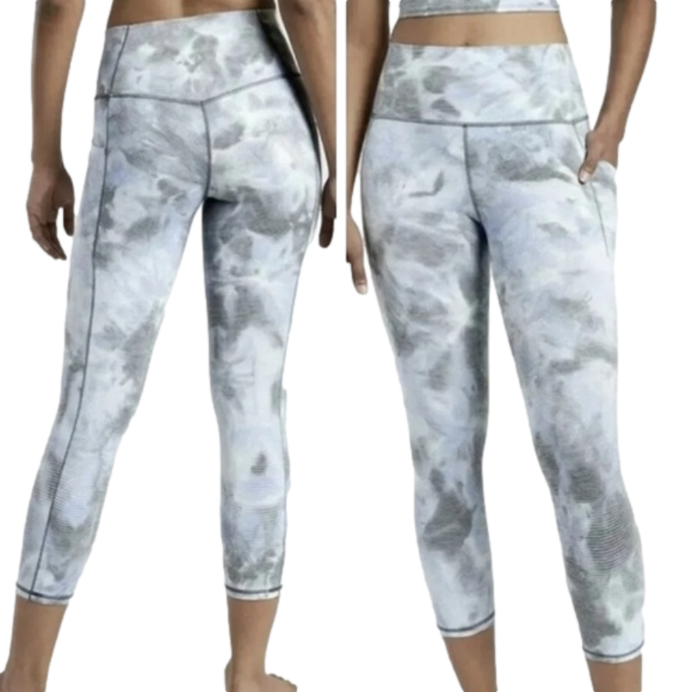 Athleta Cloud Blue and Grey Capri Stripe Side Pocket